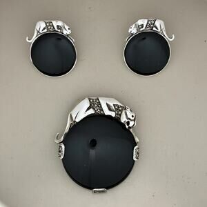 Sterling Silver Panther Brooch and Earring Set: Black Onyx Marcasite Jewelry
